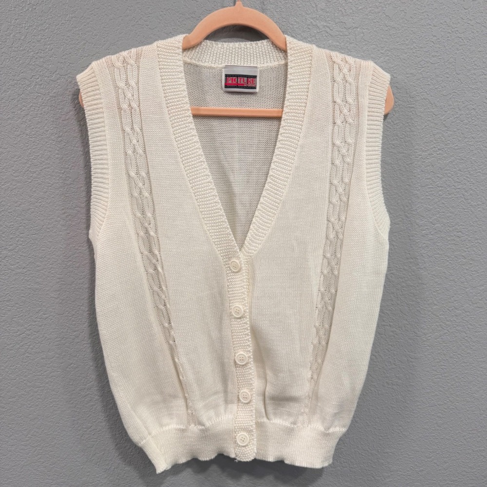 VTG Womens‎ M Cream Cable Knit Button Front Sweater Vest V-Neck Granny Cottage